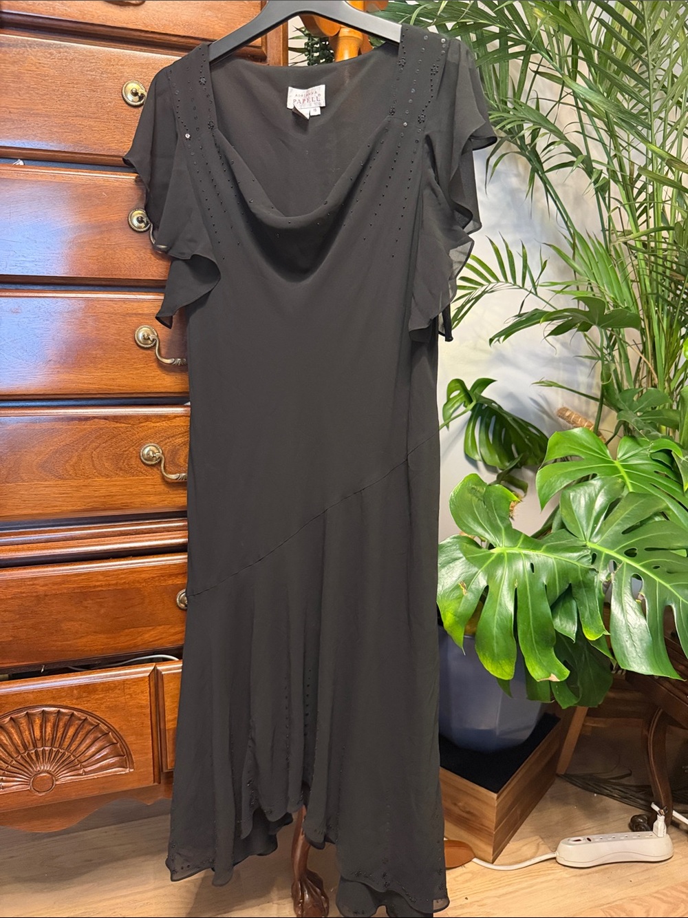 Adrianna Papell Black Draped Midi Dress with Bead and sequin Accents